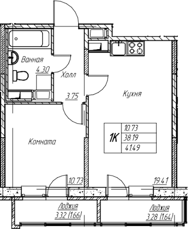1-комнатная квартира 41.49 м², 22/22 эт., ЖК «Парк-квартал Юнтолово»